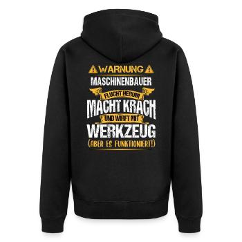 Warnung vor dem Maschinenbauer - Unisex Premium Bio Zip Hoodie - Schwarz - Hinten - Nico (187cm)