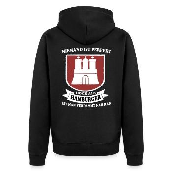 Hambuger Hamburger Hafen Hamburg Hansestadt - Unisex Premium Bio Zip Hoodie - Schwarz - Hinten - Nico (187cm)