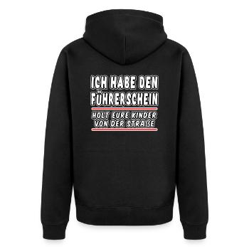Ich habe den Führerschein bestanden Lustig Sprüche - Unisex Premium Bio Zip Hoodie - Schwarz - Hinten - Nico (187cm)