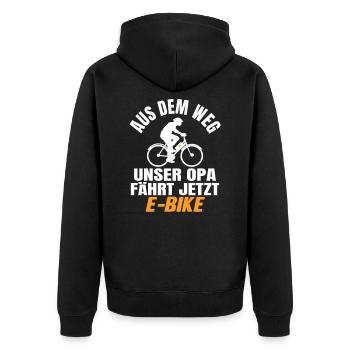 Opa Rentner E-Bike Fahrrad Spruch Großvater Opi - Unisex Premium Bio Zip Hoodie - Schwarz - Hinten - Nico (187cm)