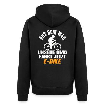 Oma Rentnerin E-Bike Fahrrad Spruch Rente Lustig - Unisex Premium Bio Zip Hoodie - Schwarz - Hinten - Nico (187cm)