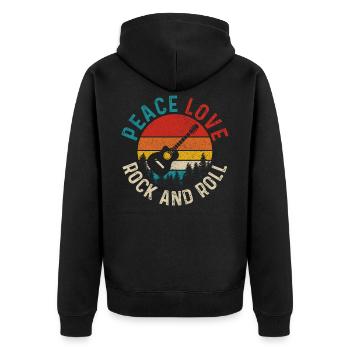 Peace Love & Rock and Roll Gitarre Vintage - Unisex Premium Bio Zip Hoodie - Schwarz - Hinten - Nico (187cm)