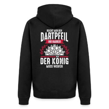 dartpfeil dart könig - Unisex Premium Bio Zip Hoodie - Schwarz - Hinten - Nico (187cm)