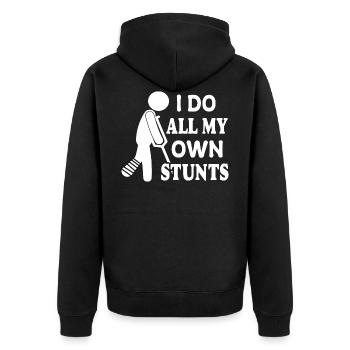 Ich mache meine Stunts selbst | Gute Besserung - Unisex Premium Bio Zip Hoodie - Schwarz - Hinten - Nico (187cm)