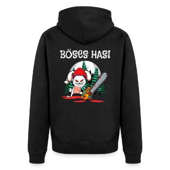 Böses Hasi mit Bollenhut, Motorsäge im Schwarzwald - Unisex Premium Bio Zip Hoodie - Schwarz - Hinten - Nico (187cm)