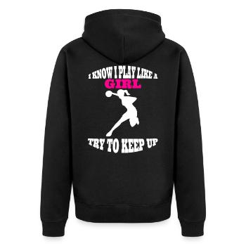 Handballerin Damen Handball Mädchen Frauenhandball - Unisex Premium Bio Zip Hoodie - Schwarz - Hinten - Nico (187cm)