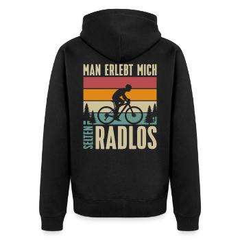 Man erlebt mich selten Radlos - Unisex Premium Bio Zip Hoodie - Schwarz - Hinten - Nico (187cm)