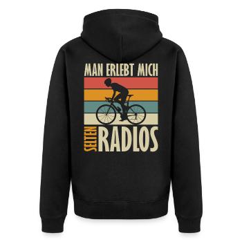 Man erlebt mich selten Radlos - Unisex Premium Bio Zip Hoodie - Schwarz - Hinten - Nico (187cm)