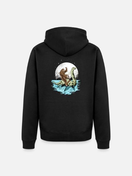Bigfoot rides Loch Ness monster - Unisex Premium Organic Zip Hoodie - black