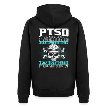 PTSD Wird Verdient Indem Was Andere Fürchten - Unisex Premium Bio Zip Hoodie - Schwarz - Hinten - Nico (187cm)