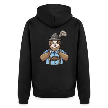 Faultier Bayerische Lederhosen - Unisex Premium Bio Zip Hoodie - Schwarz - Hinten - Nico (187cm)