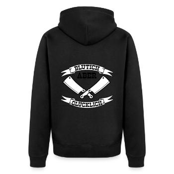 Blutich aber Glücklich Metzger Fleischer - Unisex Premium Bio Zip Hoodie - Schwarz - Hinten - Nico (187cm)