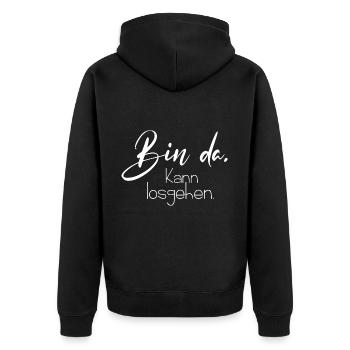 Bin da kann losgehen - Unisex Premium Bio Zip Hoodie - Schwarz - Hinten - Nico (187cm)
