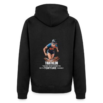 Schwimmen, Radfahren, Laufen, Triathlon, Triathlet, Leichtathletik - Unisex Premium Bio Zip Hoodie - Schwarz - Hinten - Nico (187cm)