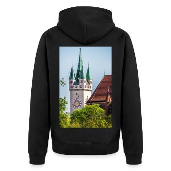Straubing Stadtturm - Unisex Premium Bio Zip Hoodie - Schwarz - Hinten - Nico (187cm)