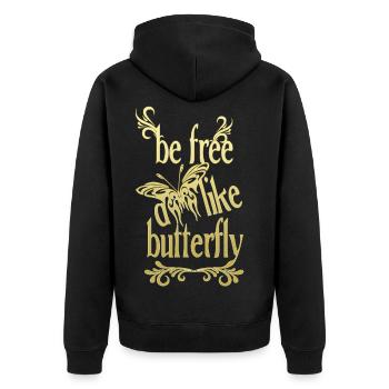 Gold - frei wie ein Schmetterling - Unisex Premium Bio Zip Hoodie - Schwarz - Hinten - Nico (187cm)