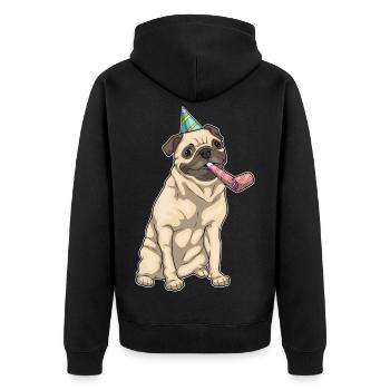Mops Geburtstag Tröte - Unisex Premium Bio Zip Hoodie - Schwarz - Hinten - Nico (187cm)