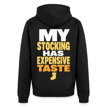 Weihnachtsstrumpf mit teurem Geschmack - Unisex Premium Bio Zip Hoodie - Schwarz - Hinten - Nico (187cm)