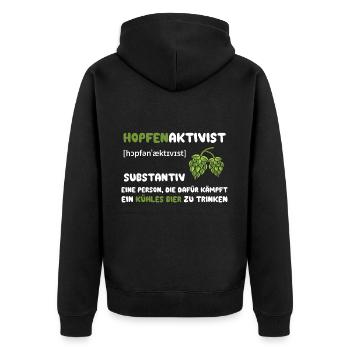 Hopfenaktivist Eine Person die für ihr kühles Bier - Unisex Premium Bio Zip Hoodie - Schwarz - Hinten - Nico (187cm)