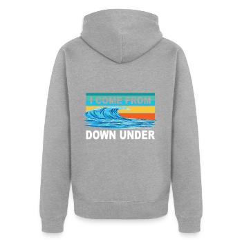 I COME FROM DOWN UNDER - Unisex Premium Bio Zip Hoodie - Grau meliert - Hinten - Nico (187cm)