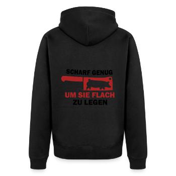 Scharf genug um sie flach zu legen Metzger - Unisex Premium Bio Zip Hoodie - Schwarz - Hinten - Nico (187cm)