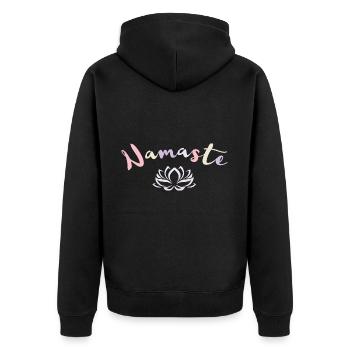 Namaste mit Lotusblume - Unisex Premium Bio Zip Hoodie - Schwarz - Hinten - Nico (187cm)