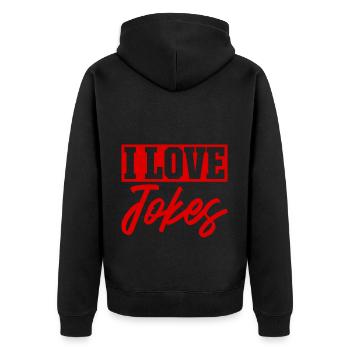 Ich liebe Witze - Unisex Premium Bio Zip Hoodie - Schwarz - Hinten - Nico (187cm)