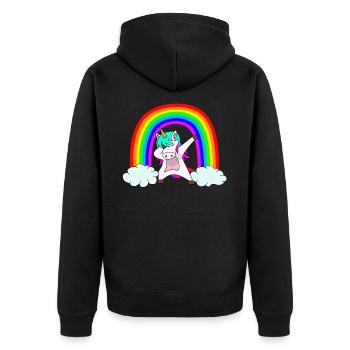Süßes dabbendes Einhorn vor buntem Regenbogen - Unisex Premium Bio Zip Hoodie - Schwarz - Hinten - Nico (187cm)