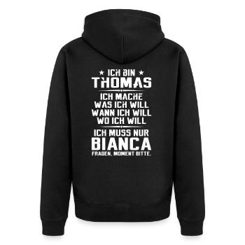 Ich bin Thomas und mache was ich will | Sarkasmus - Unisex Premium Bio Zip Hoodie - Schwarz - Hinten - Nico (187cm)