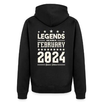 Geschenklegende Februar 2024. Geschenk Februar 2024. - Unisex Premium Bio Zip Hoodie - Schwarz - Hinten - Nico (187cm)