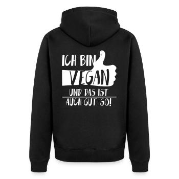 Daumen hoch Vegan Gut so SabineVegan HerzAufShirt - Unisex Premium Bio Zip Hoodie - Schwarz - Hinten - Nico (187cm)