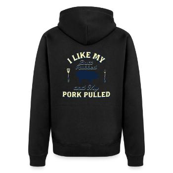 ICH MAG ES, WENN MEIN HINTERN GERIEBEN UND MEIN SCHWEINEFLEISCH GEZOGEN WIRD - Unisex Premium Bio Zip Hoodie - Schwarz - Hinten - Nico (187cm)