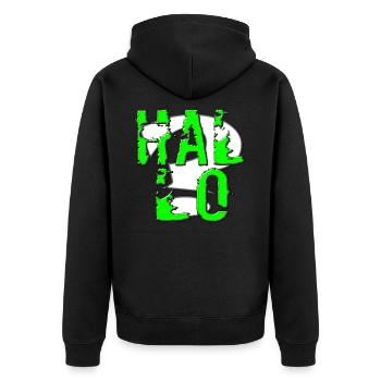 Hallo - Unisex Premium Bio Zip Hoodie - Schwarz - Hinten - Nico (187cm)
