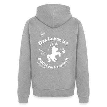 Ponyhof mit weißer Schrift - Unisex Premium Bio Zip Hoodie - Grau meliert - Hinten - Nico (187cm)