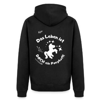 Ponyhof mit weißer Schrift - Unisex Premium Bio Zip Hoodie - Schwarz - Hinten - Nico (187cm)