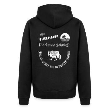 In kurze Hosen spielen - Unisex Premium Bio Zip Hoodie - Schwarz - Hinten - Nico (187cm)