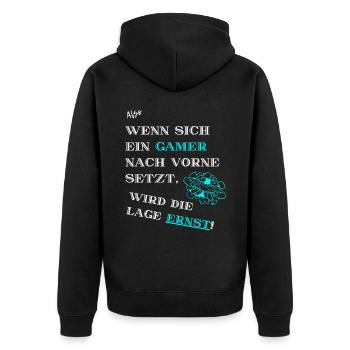 Ernste Lage bei Gamer in weißer Schrift - Unisex Premium Bio Zip Hoodie - Schwarz - Hinten - Nico (187cm)