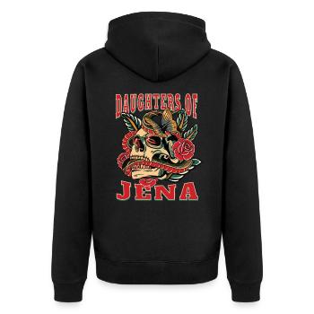 Jena Power-Frau daughters of Jena Retro Blumen - Unisex Premium Bio Zip Hoodie - Schwarz - Hinten - Nico (187cm)