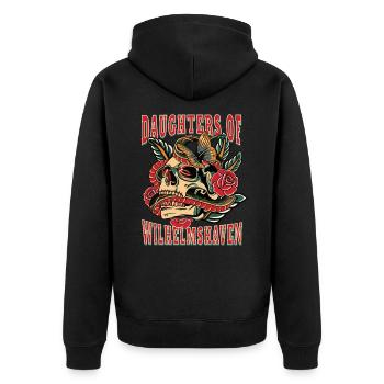 Frau Geschenk daughters of Wilhelmshaven - Unisex Premium Bio Zip Hoodie - Schwarz - Hinten - Nico (187cm)