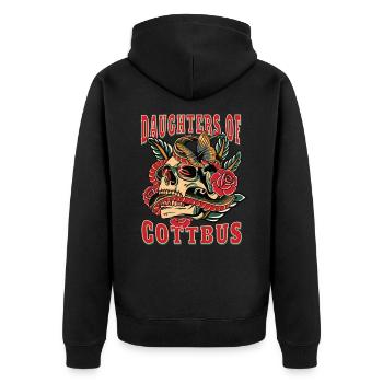Cottbus Frau Geschenk daughters of Cottbus Frauen - Unisex Premium Bio Zip Hoodie - Schwarz - Hinten - Nico (187cm)