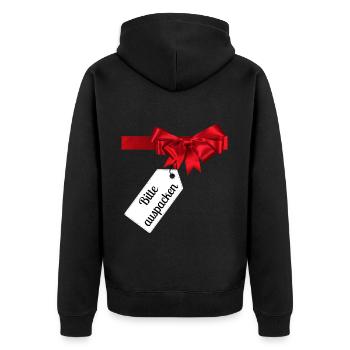 Geschenk - Bitte auspacken - Unisex Premium Bio Zip Hoodie - Schwarz - Hinten - Nico (187cm)