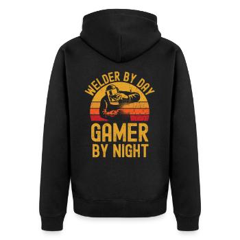 Schweißer und Gamer - Unisex Premium Bio Zip Hoodie - Schwarz - Hinten - Nico (187cm)