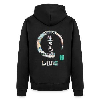 Live-Japanisches Kanji-Wortsymbol Enso Circle 5 - Unisex Premium Bio Zip Hoodie - Schwarz - Hinten - Nico (187cm)