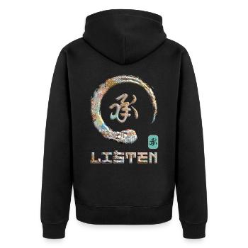 Anhören Japanisches Kanji-Wortsymbol Enso Circle 16 - Unisex Premium Bio Zip Hoodie - Schwarz - Hinten - Nico (187cm)