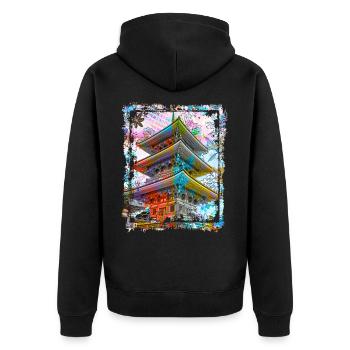 Japan Pagode Kirschblüten Collage Art 70 - Unisex Premium Bio Zip Hoodie - Schwarz - Hinten - Nico (187cm)