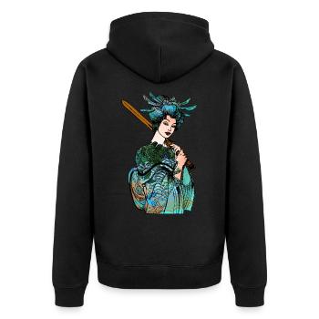 Japanisches Geisha Schwert Samurai Krieger 110 - Unisex Premium Bio Zip Hoodie - Schwarz - Hinten - Nico (187cm)