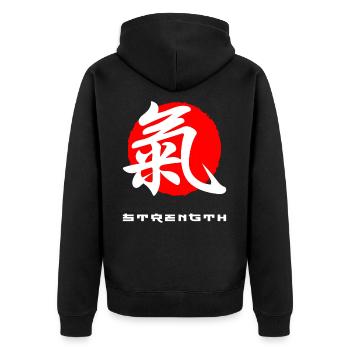 Stärke Japan zitiert japanische Kanji-Wörter - Unisex Premium Bio Zip Hoodie - Schwarz - Hinten - Nico (187cm)
