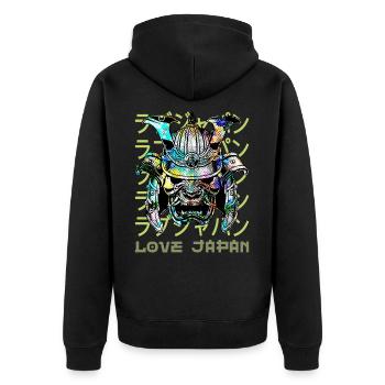 Samurai Krieger Japanisches Kanji Symbol Kanji Liebe - Unisex Premium Bio Zip Hoodie - Schwarz - Hinten - Nico (187cm)
