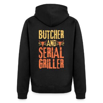 Metzger und Seriengriller - Unisex Premium Bio Zip Hoodie - Schwarz - Hinten - Nico (187cm)
