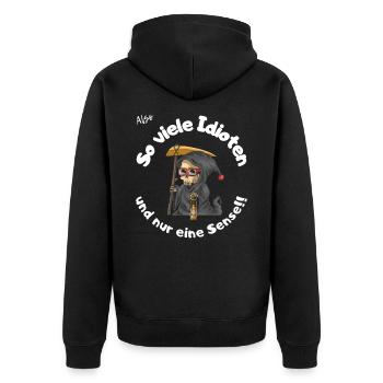 So viele Idioten! - Unisex Premium Bio Zip Hoodie - Schwarz - Hinten - Nico (187cm)